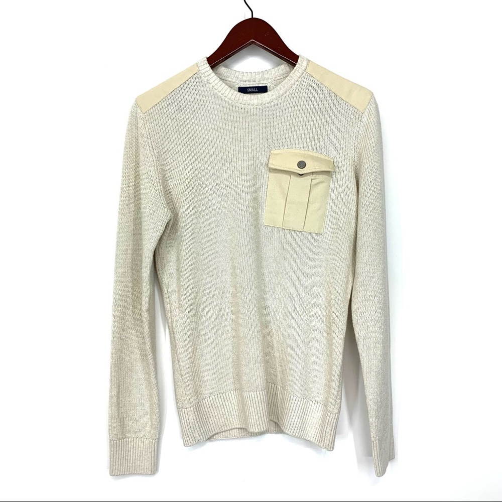 American Rag Crewneck Sweater Pocket & Shoulder Patches Marled Ivory Cream Gray